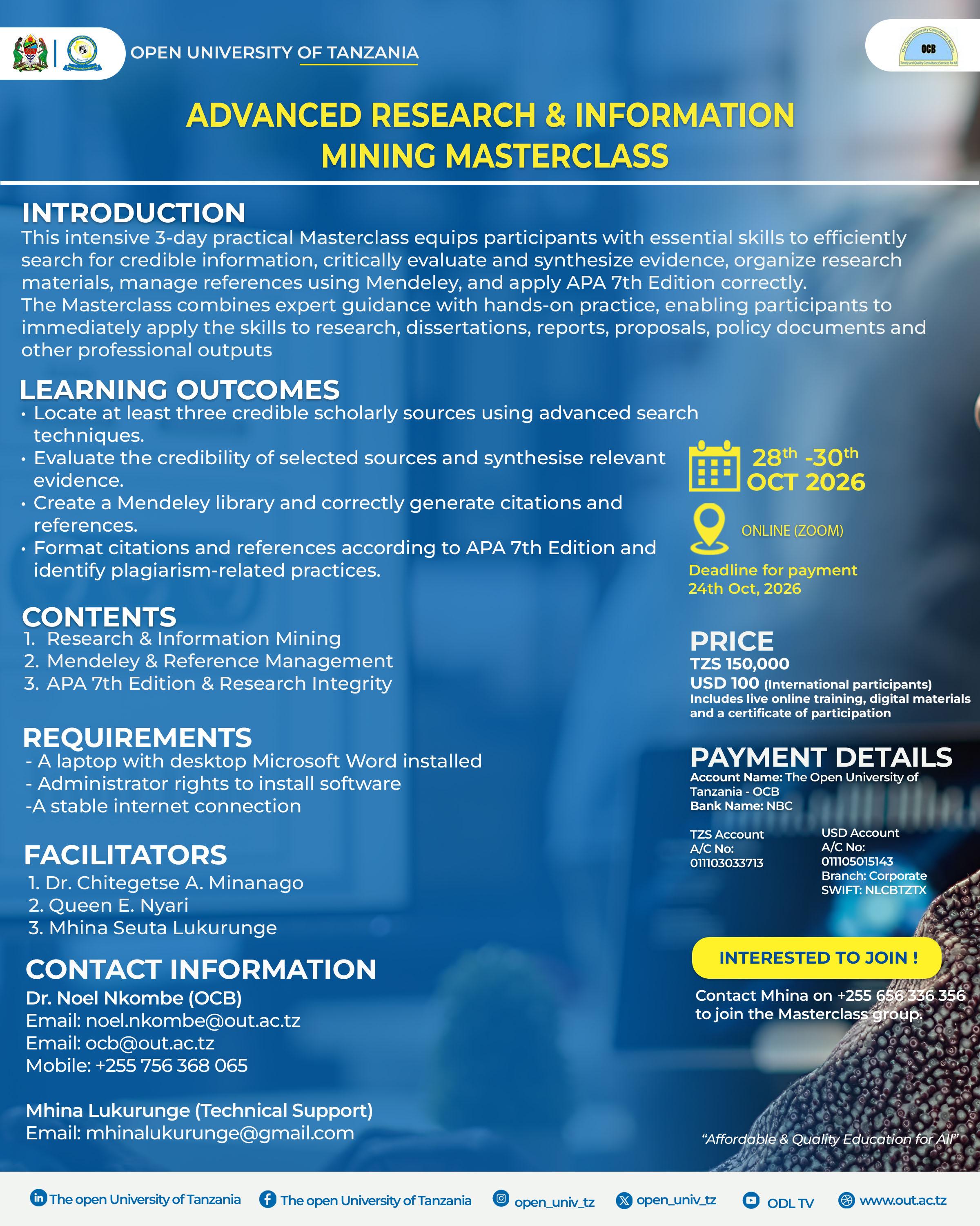ADVANCED RESEARCH & INFORMATION MINING MASTERCLASS